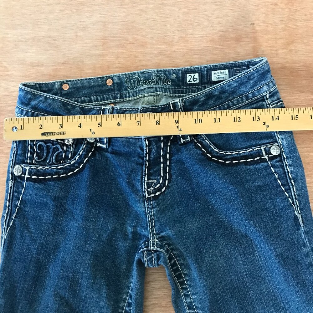 Miss Me Mid Rise Skinny Jeans Women 26 Blue Embellished Thick Stitch Studded - Picture 11 of 16